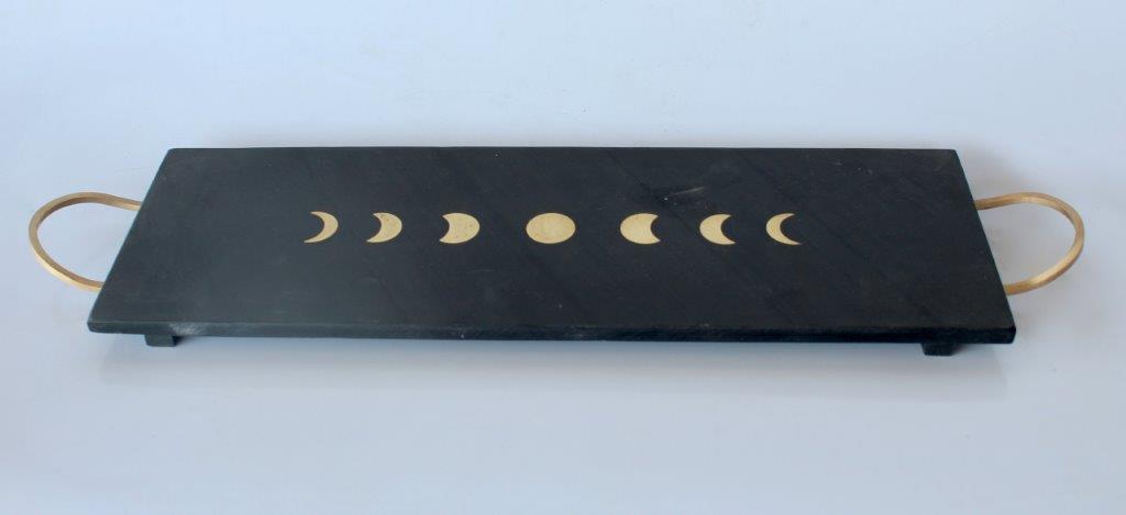 BLACK SLATE & BRASS INLAY MARBLE TRAY WITH HANDLES  46X15CM