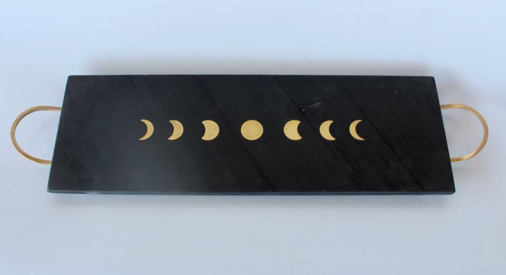 Black Slate & Brass Inlay Marble Tray With Handles