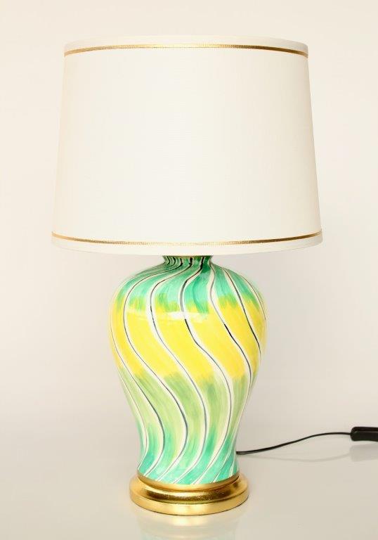 Sea Green Yellow Swirl Lamp With Off White Shade