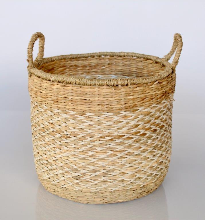 Natural & White Seagrass Basket With Handles