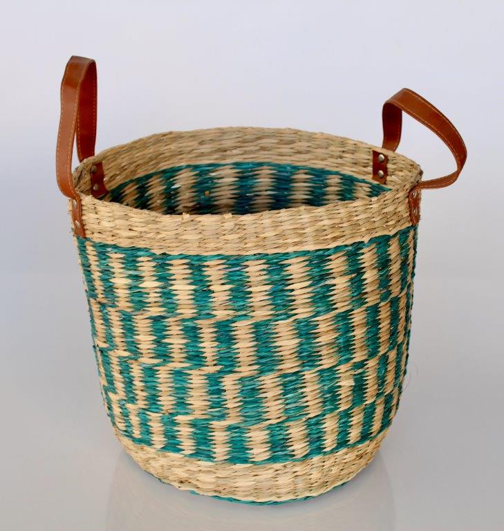 Turquoise & Natural Seagrass Basket With Handles