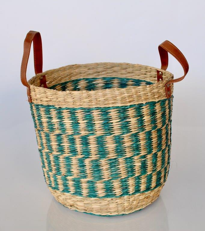 Turquoise & Natural Seagrass Basket With Handles