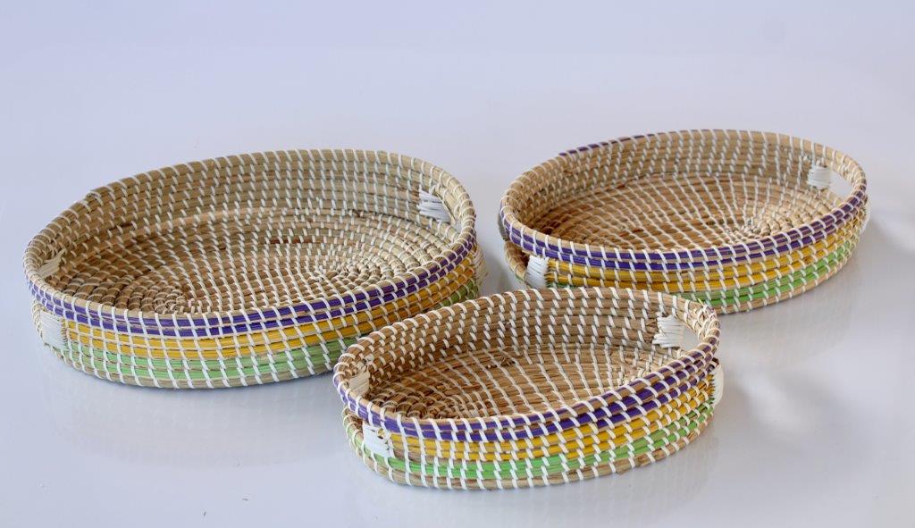 Set Of 3 Natural Seagrass Multi Colour Trays