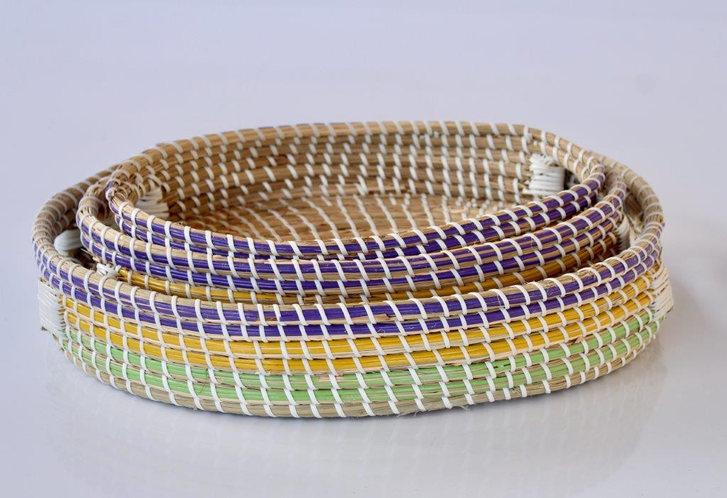 Set Of 3 Natural Seagrass Multi Colour Trays