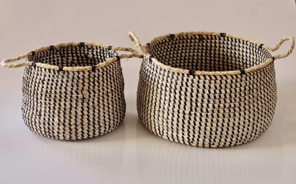 Set of 2 Natural Seagrass Black & White Baskets