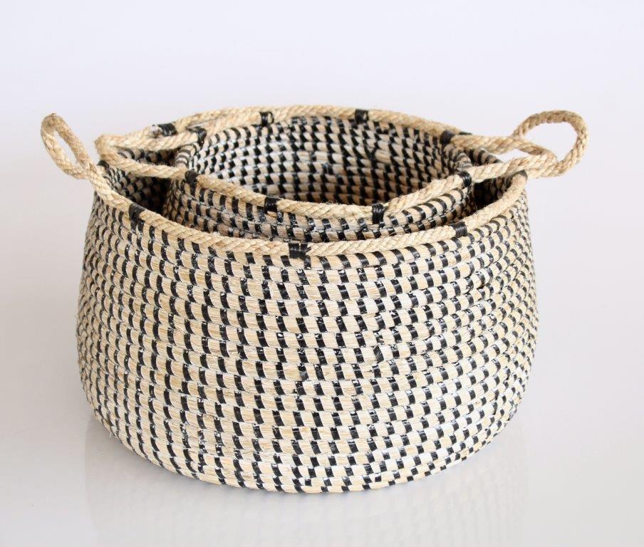 Set of 2 Natural Seagrass Black & White Baskets