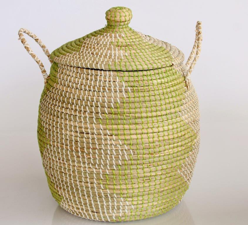 Set Of 2 Natural Seagrass & Green Baskets With Lids