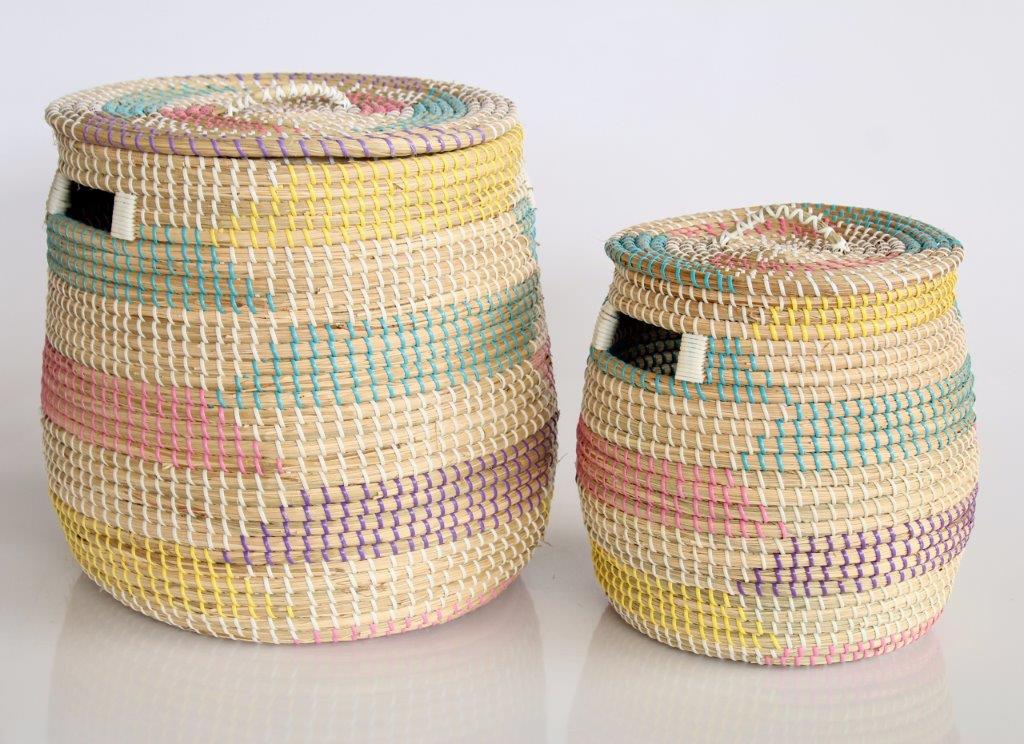 Set Of 2 Round Natural Seagrass Multi Colour Baskets With Lids