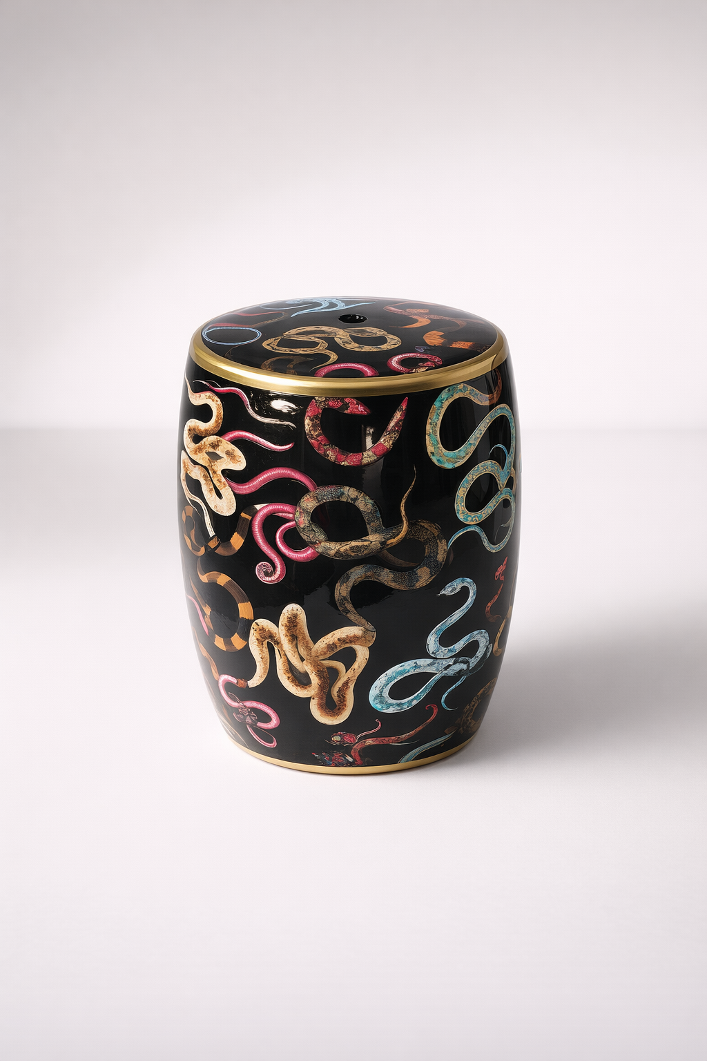 Black Garden Stool Coloured Snakes Design
