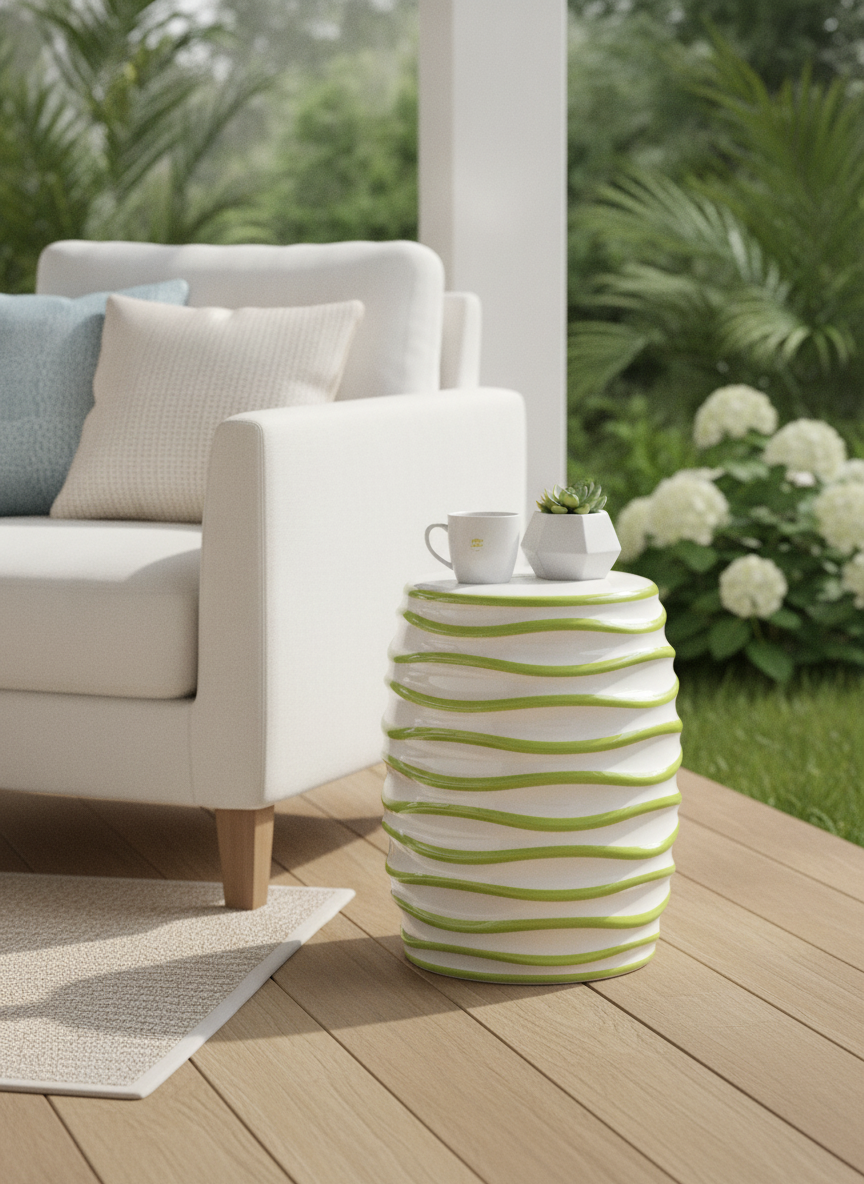 Lime Green Wavey Ceramic Garden Stool