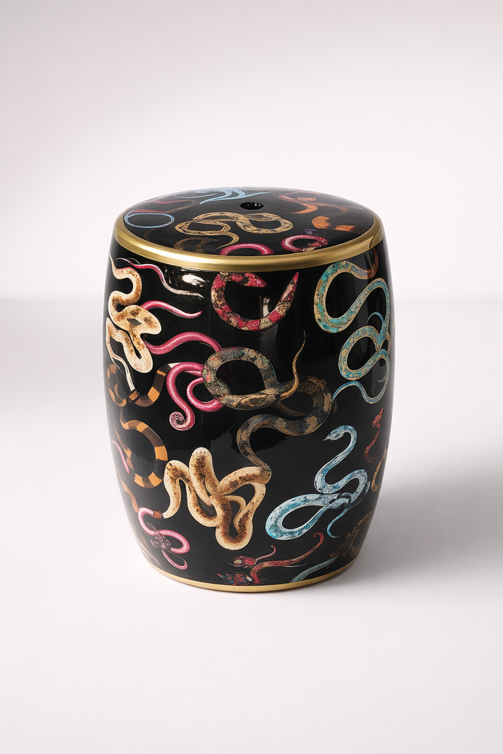 BLACK GARDEN STOOL COLOURED SNAKES DESIGN  45X30CM