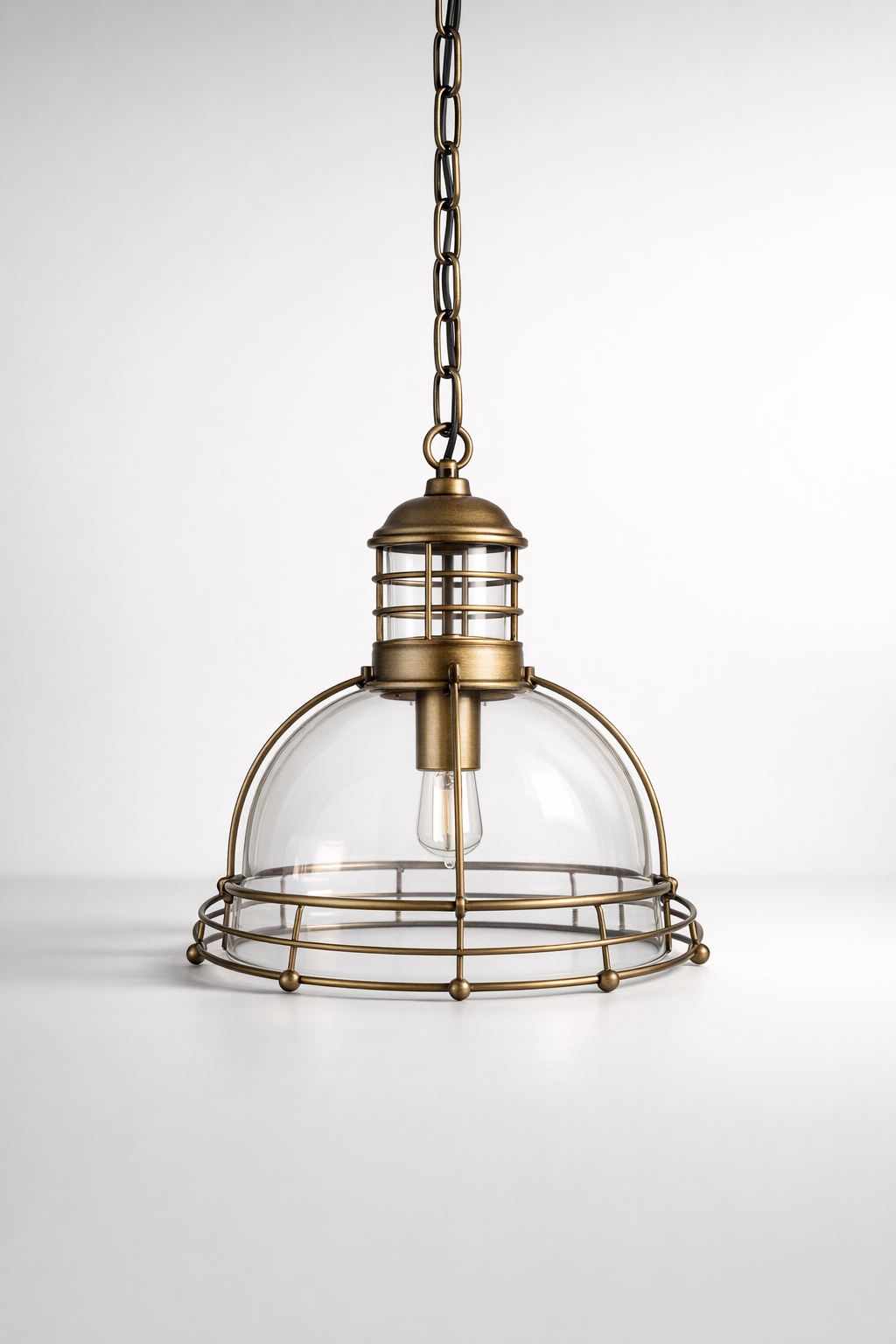 Metal & Glass Dome With 3 Brass Rings Hanging Light