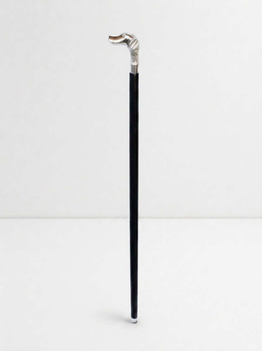 Black Wooden Walking Stick Silver Dog Handle