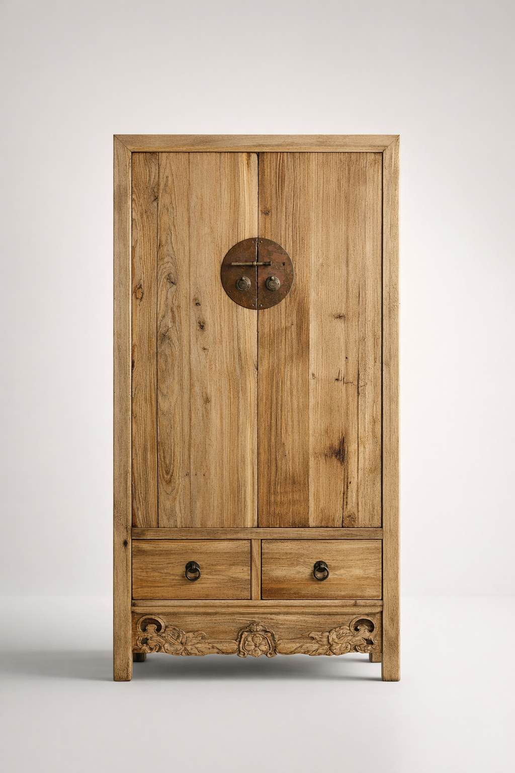 Tall Natural Wood 2 Door 2 Drawer Cupboard