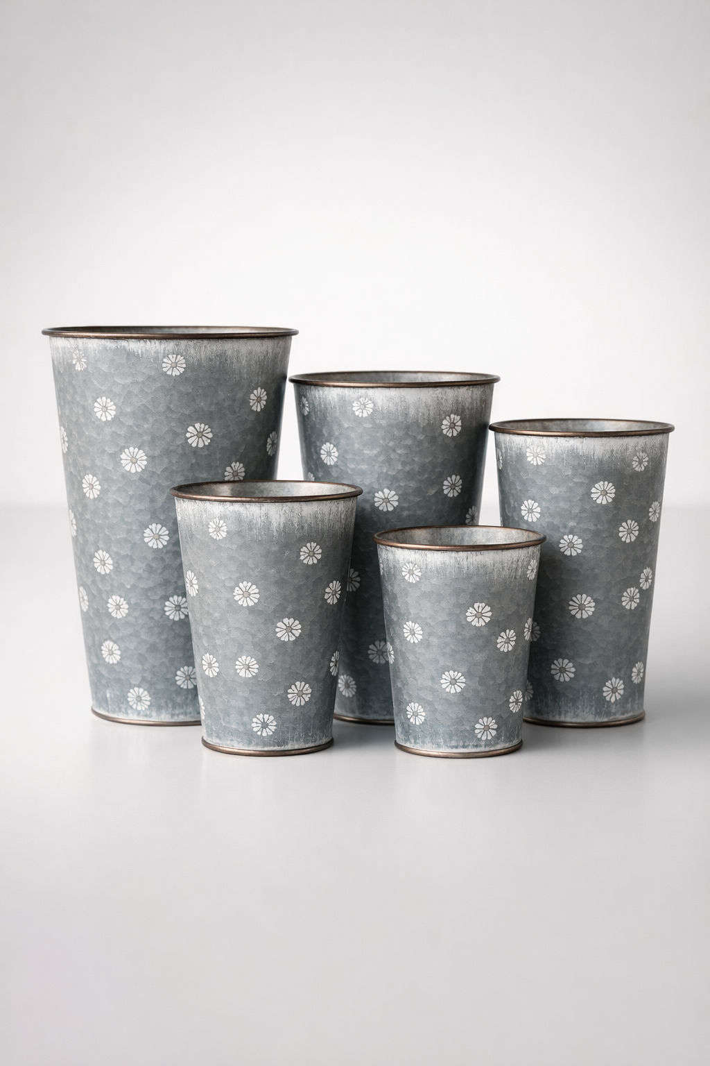 Set Of 5 Daisy Metal Flower Bins