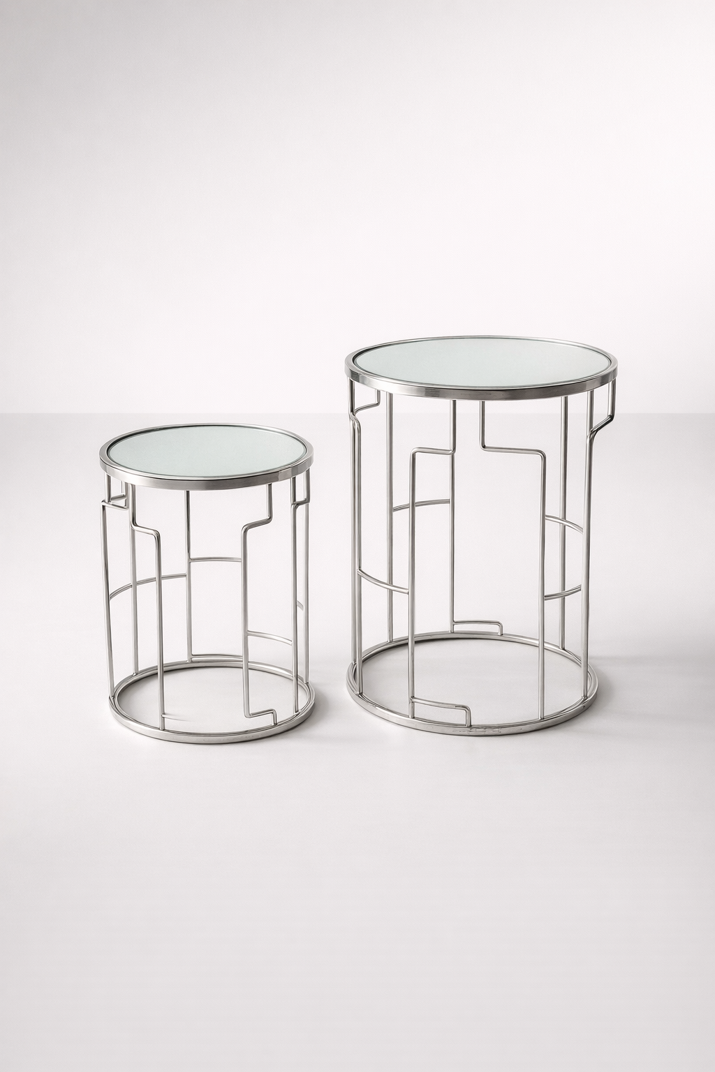 Set Of 2 Silver & Mirrored Metal Side Tables