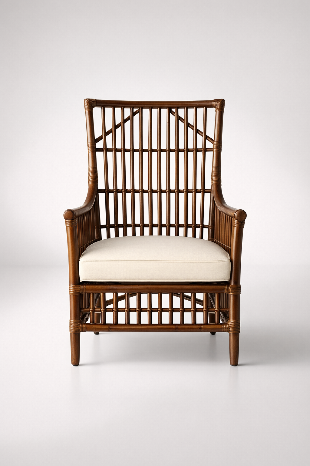 Brown Rattan Highback Chair With Natural Seat Cushion