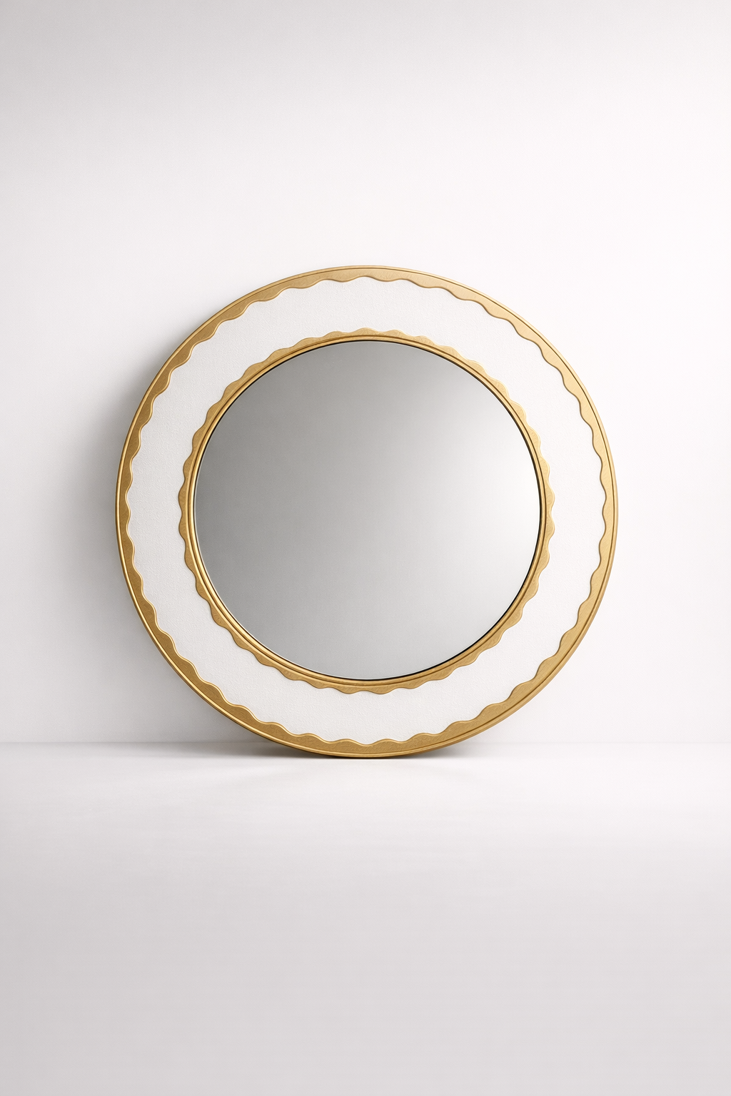 Large Gold Metal Mirror With White Leather Detail