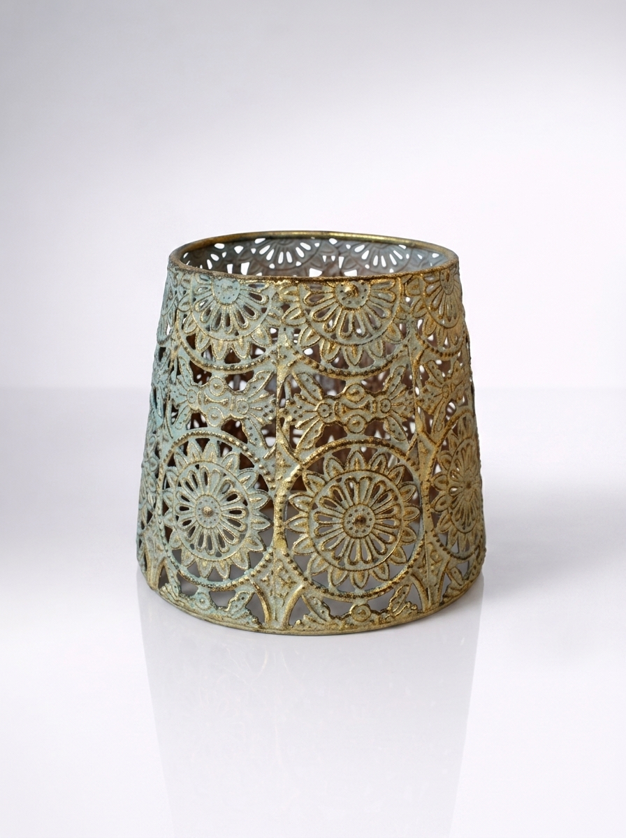 Medium Gold Blue Metal Candle Holder With Glass