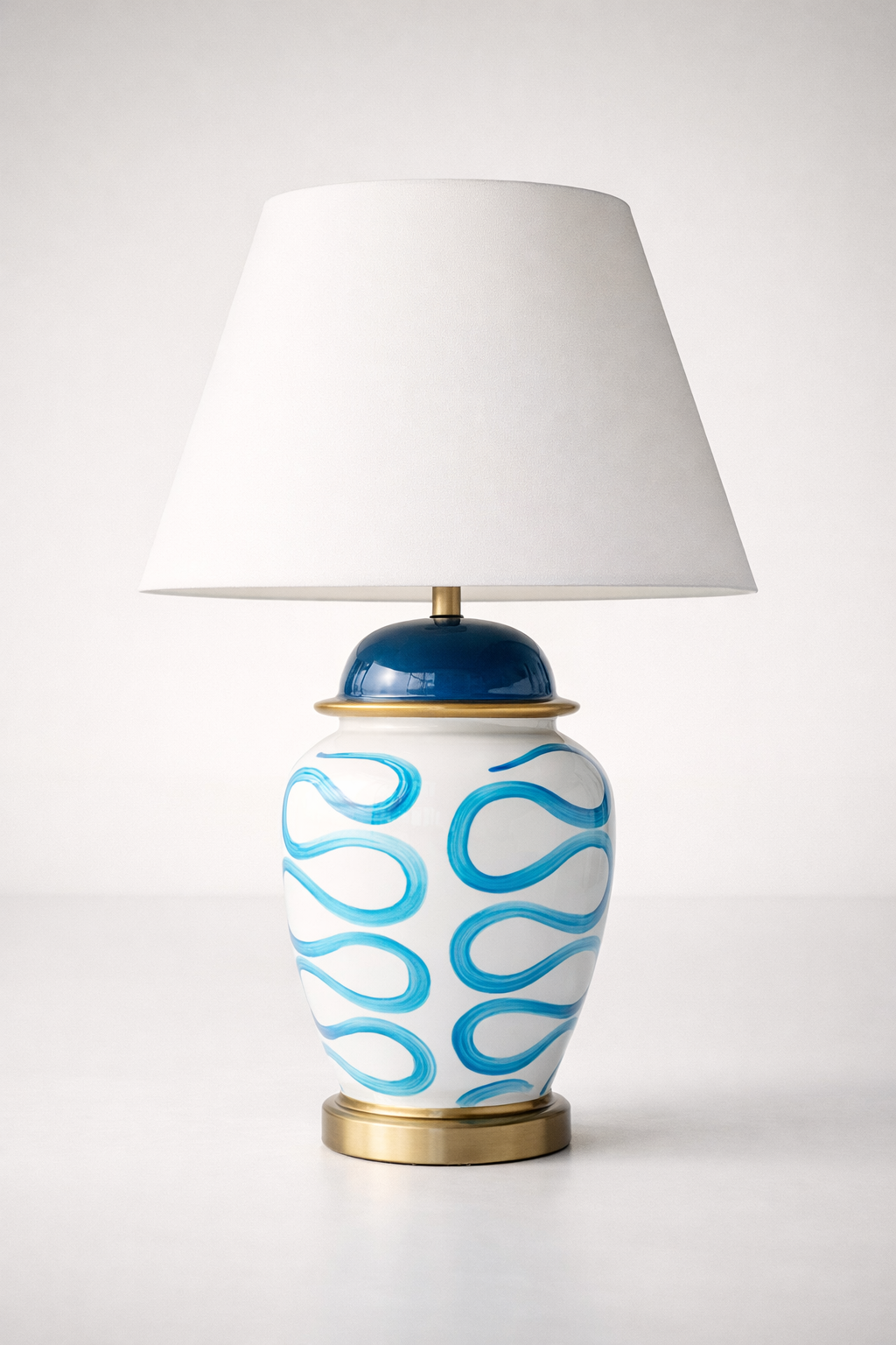 Blue Squiggle Lamp Base With White Shade
