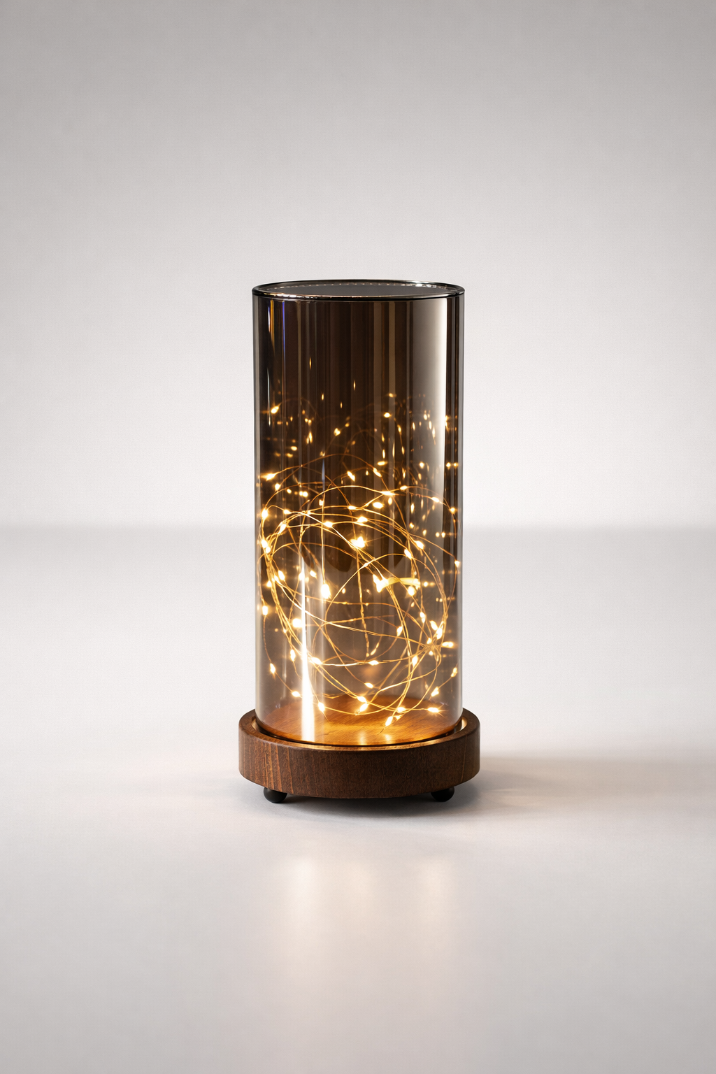 Led Smokey Luster Glass Cylinder Wooden Base