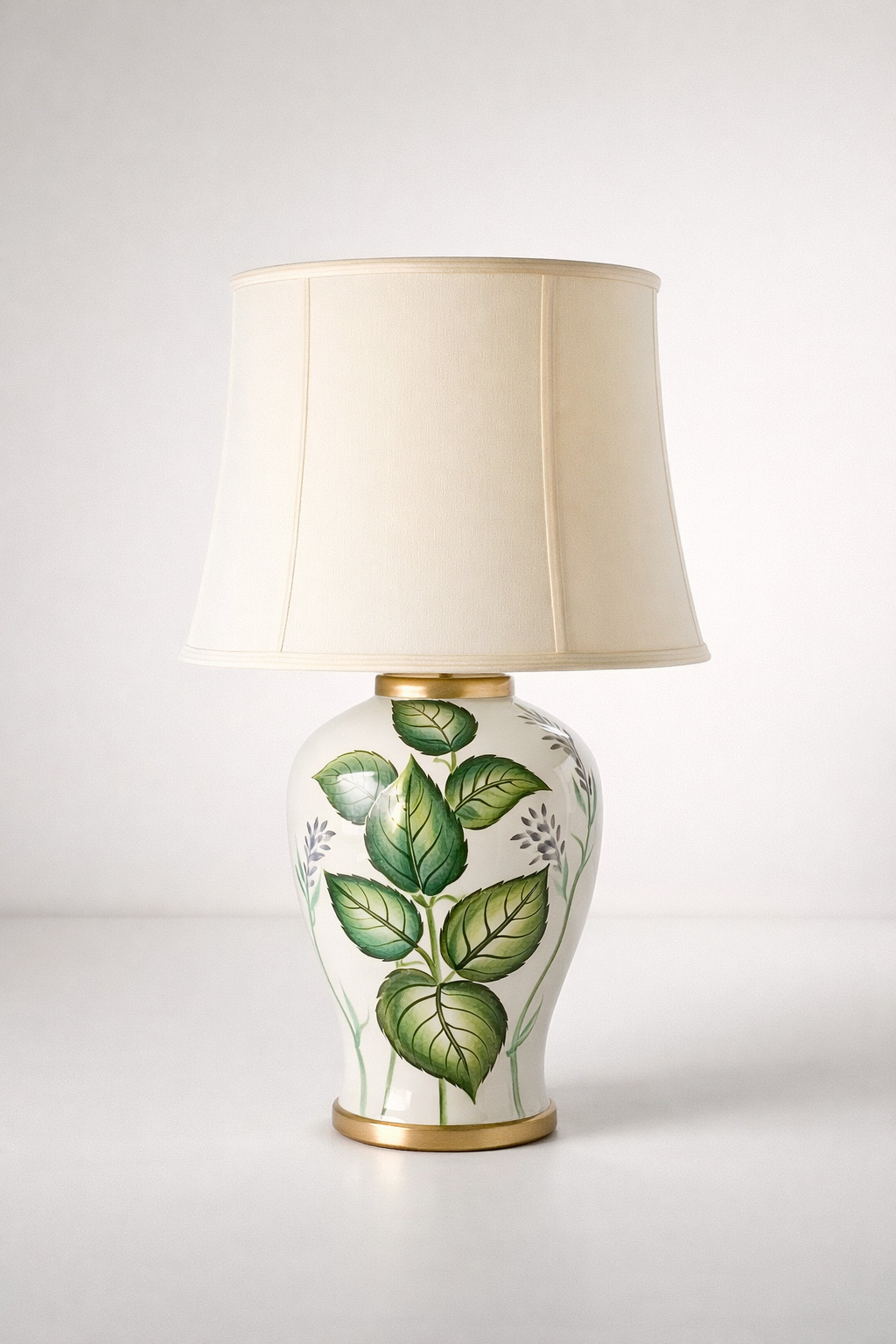 Green Leaf Lamp Base Off White Shade