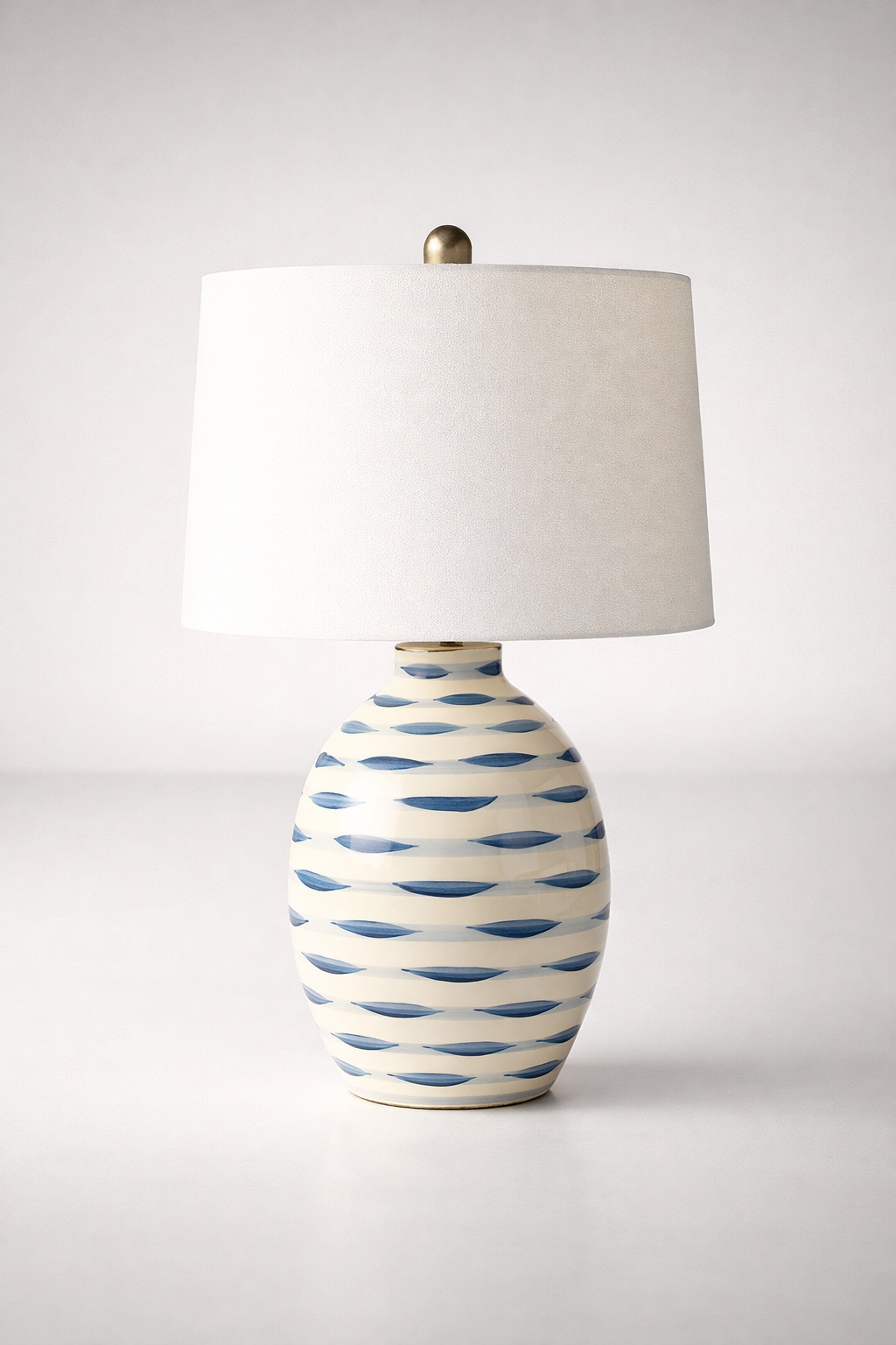 Blue & White Stripes Lamp Base With White Finial & Harp Shade