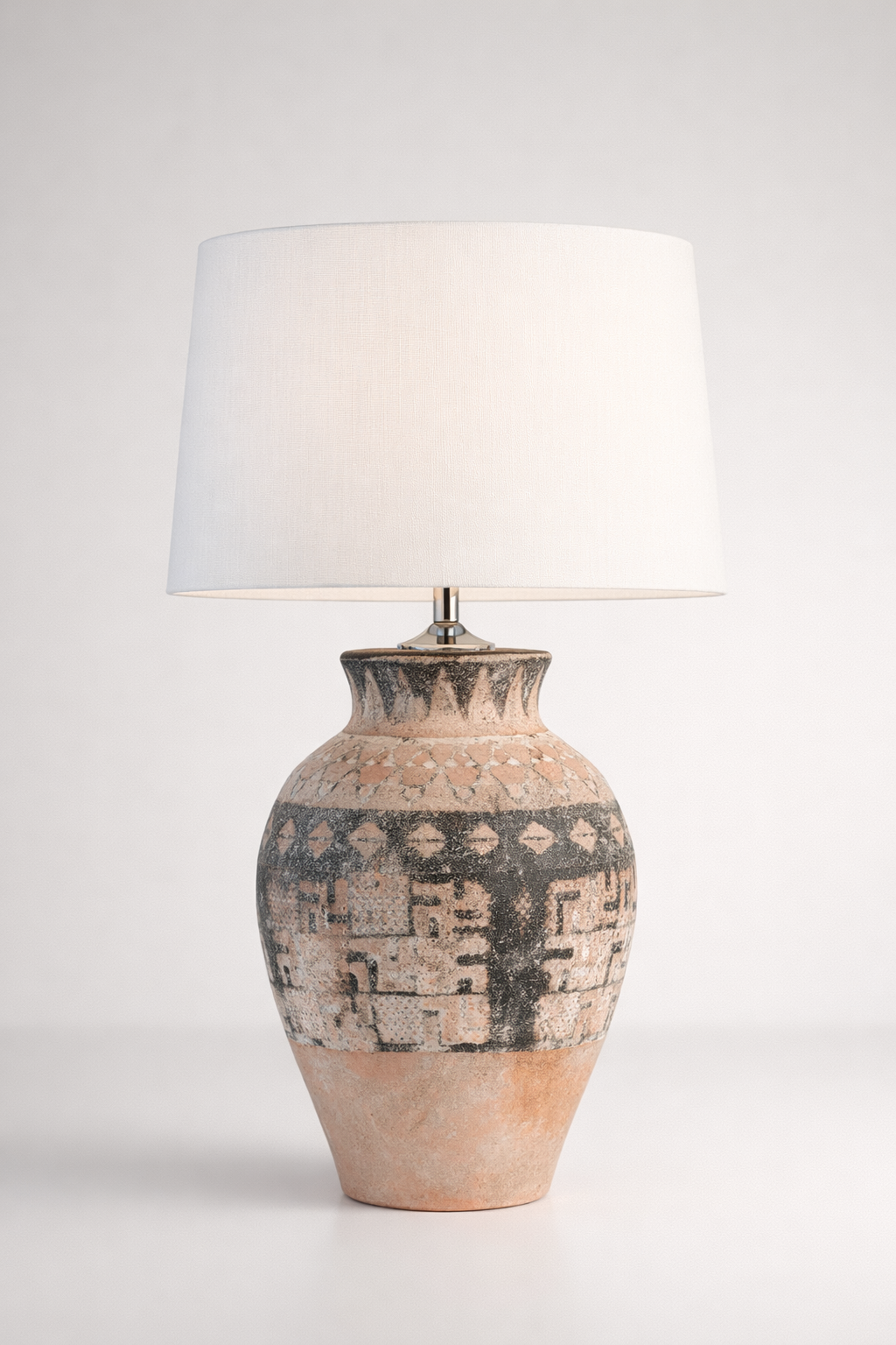 Distressed Brown Tribal Lamp Base With Off White Shade