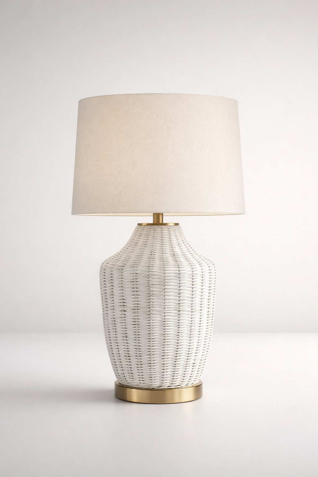 White Cane Lamp Base With Beige Shade
