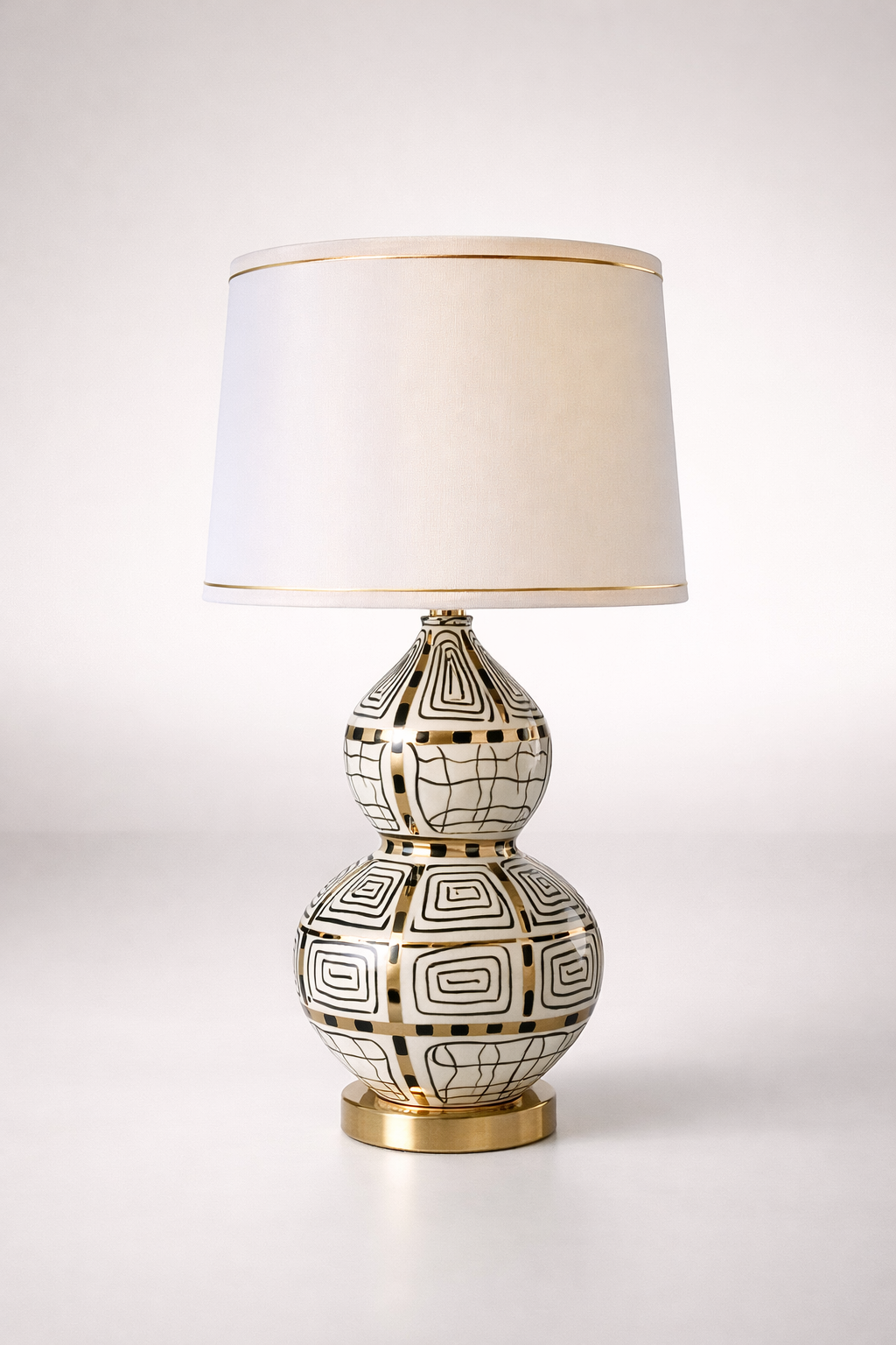White, Black & Gold Squiggle Lamp With Gold Trim Shade