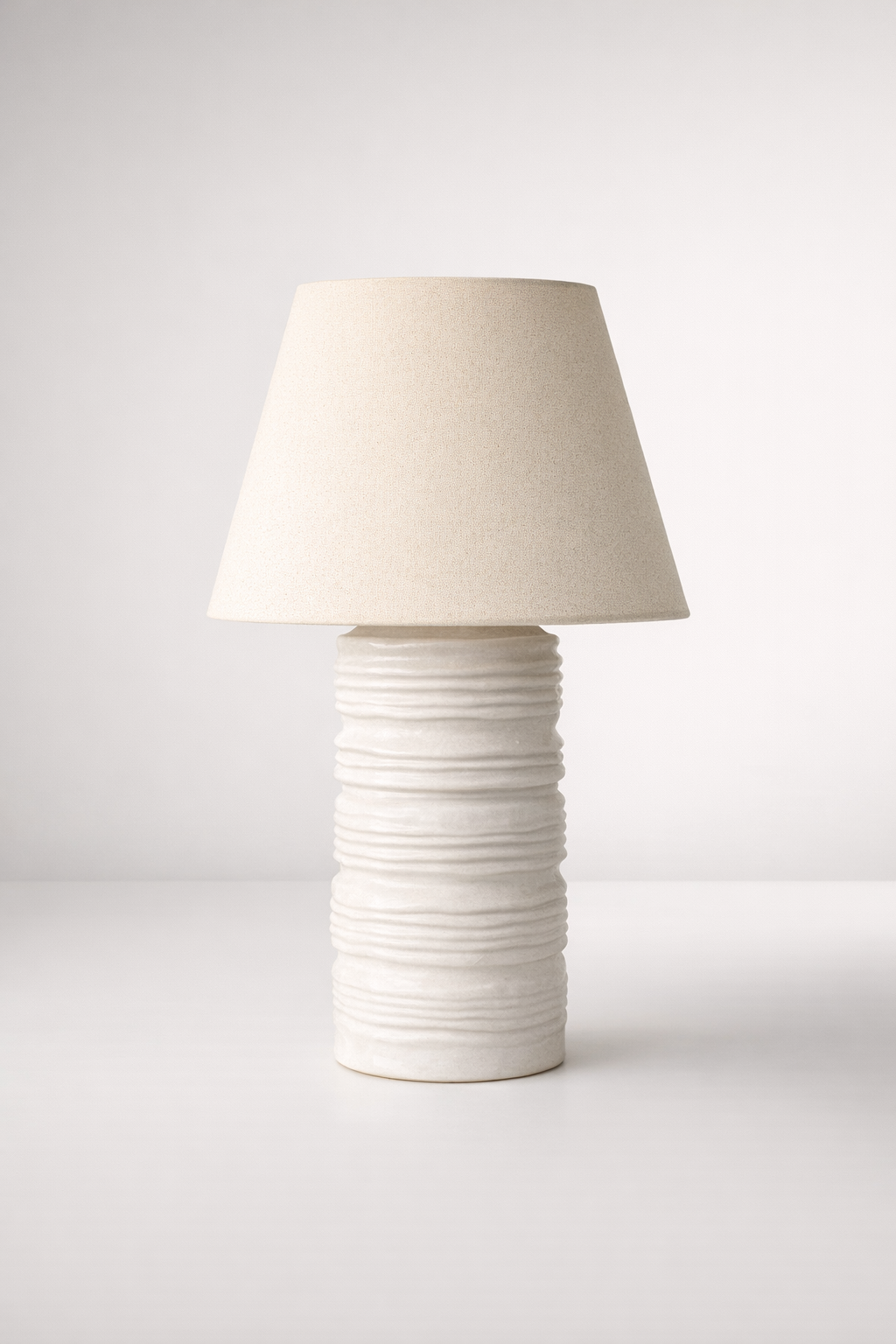Tall White Ceramic Ruffled Lamp Base Beige Shade