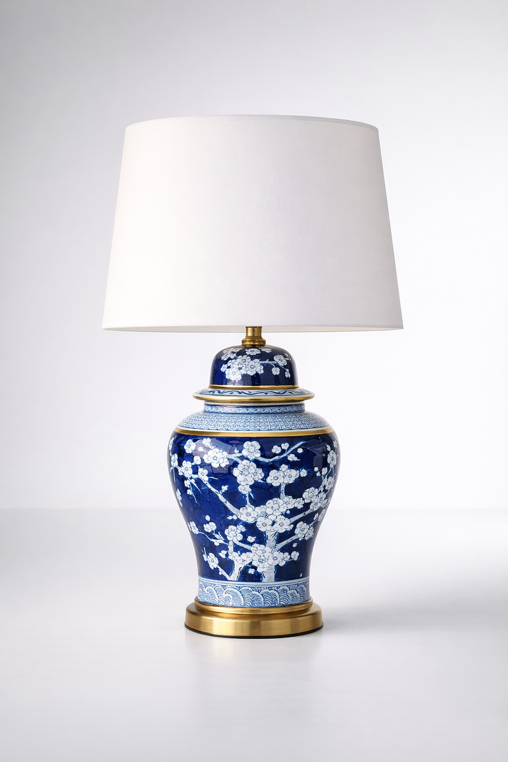 Navy Blue, White & Gold Floral Lamp Base With White Shade