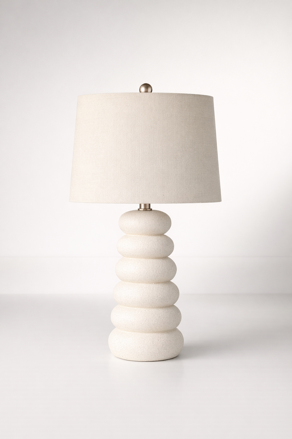 Off White Circles Lamp Base With Beige Linen Shade