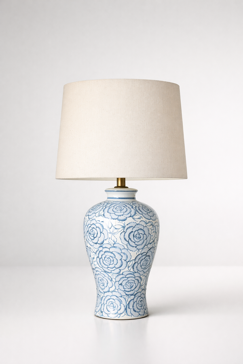 Blue Floral Ceramic Lamp Base With Beige Shade