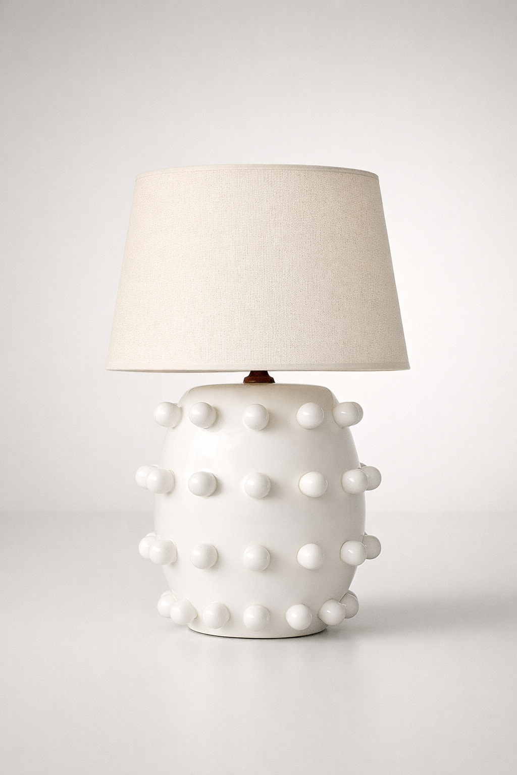 Fat White Ceramic Knobbly Lamp Base Beige Shade