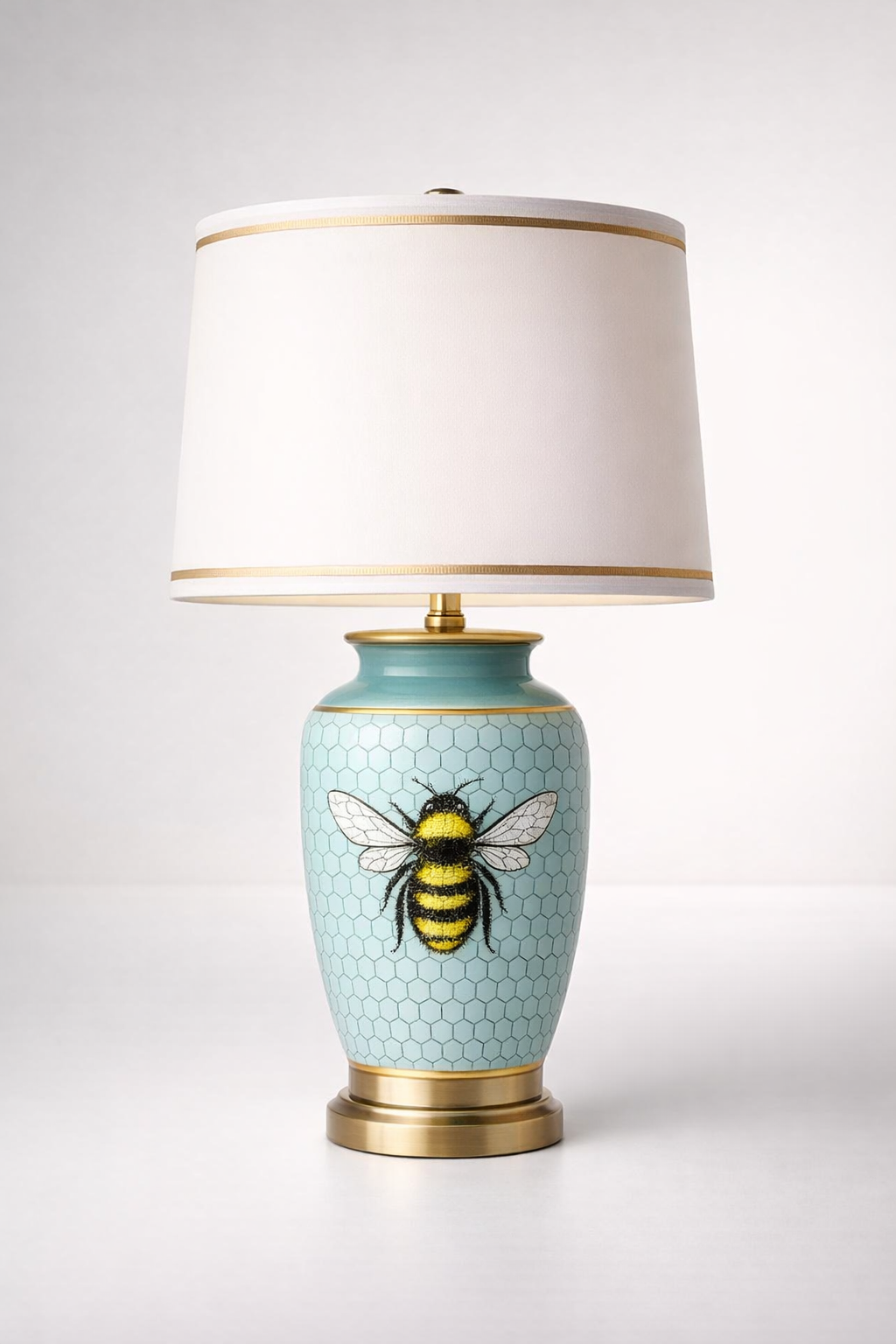 Blue Honey Comb Bee Lamp Base White Shade Gold Trim
