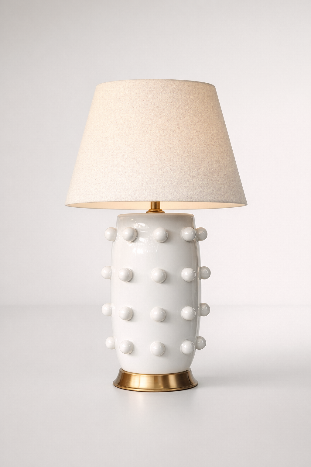 White Ceramic Knob Lamp Base With Brass Beige Shade