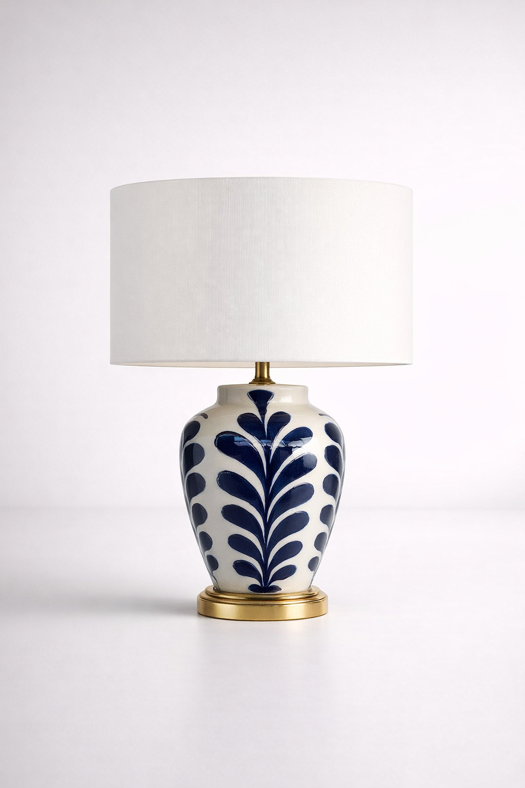 Blue & White Plant Design Lamp Base With Off White Shade