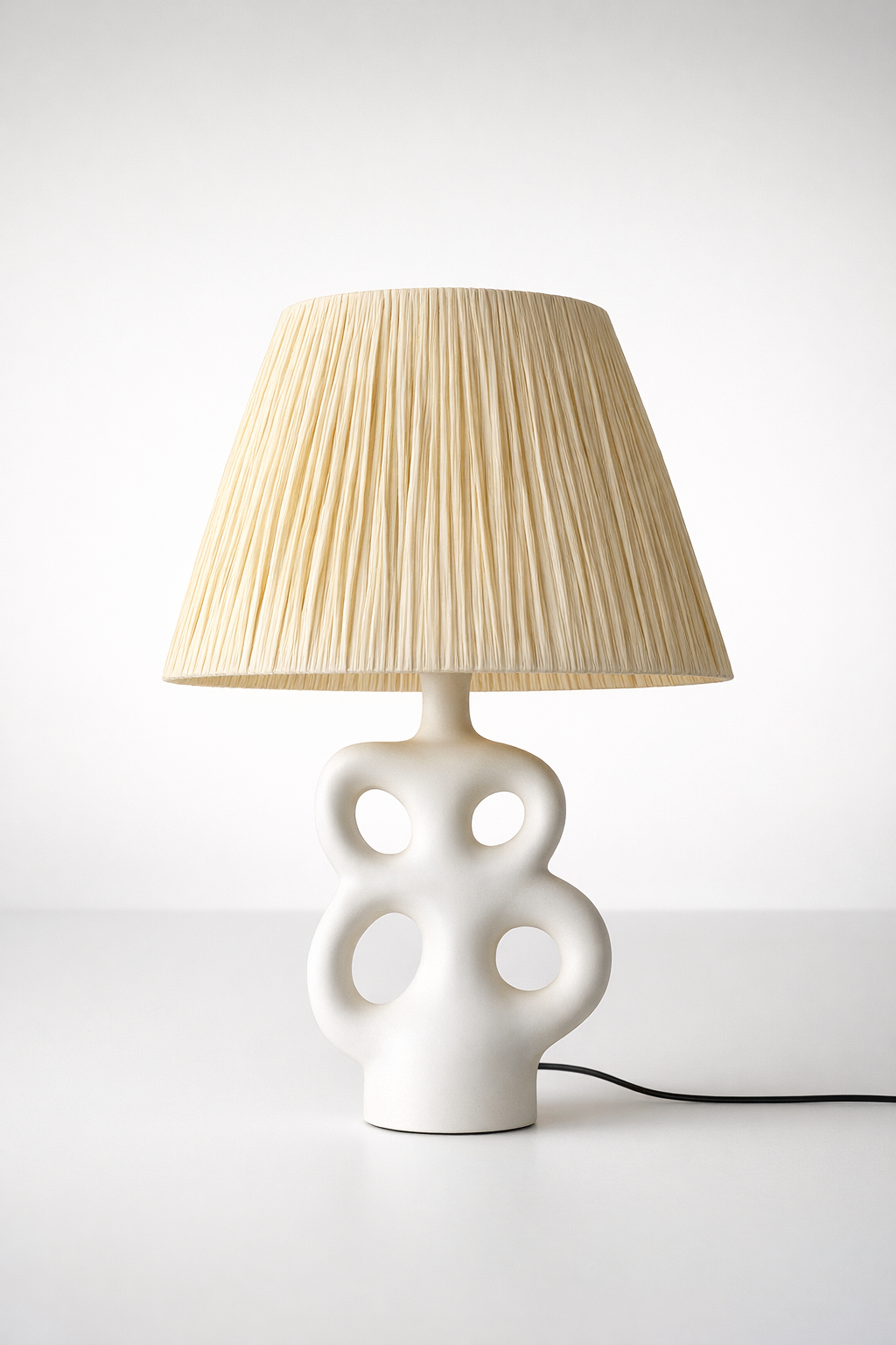 White Narrow Cut-Out Lamp Base With Raffia Shade
