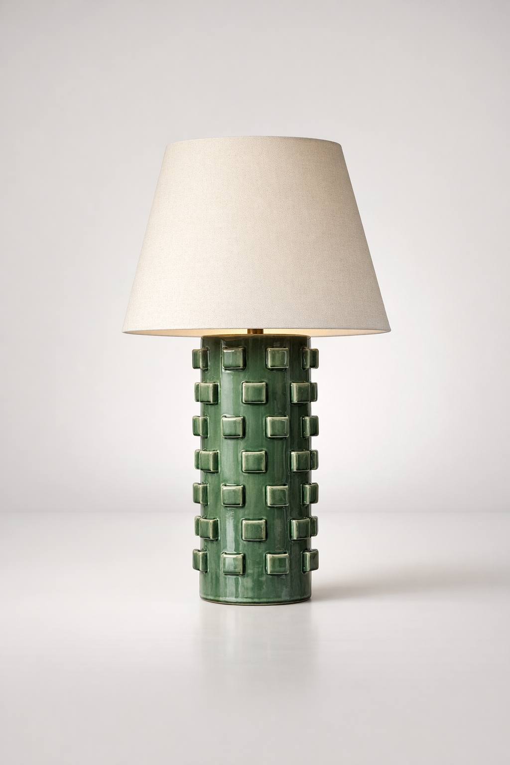 Tall Green Ceramic Curly Lamp Base With Beige Shade