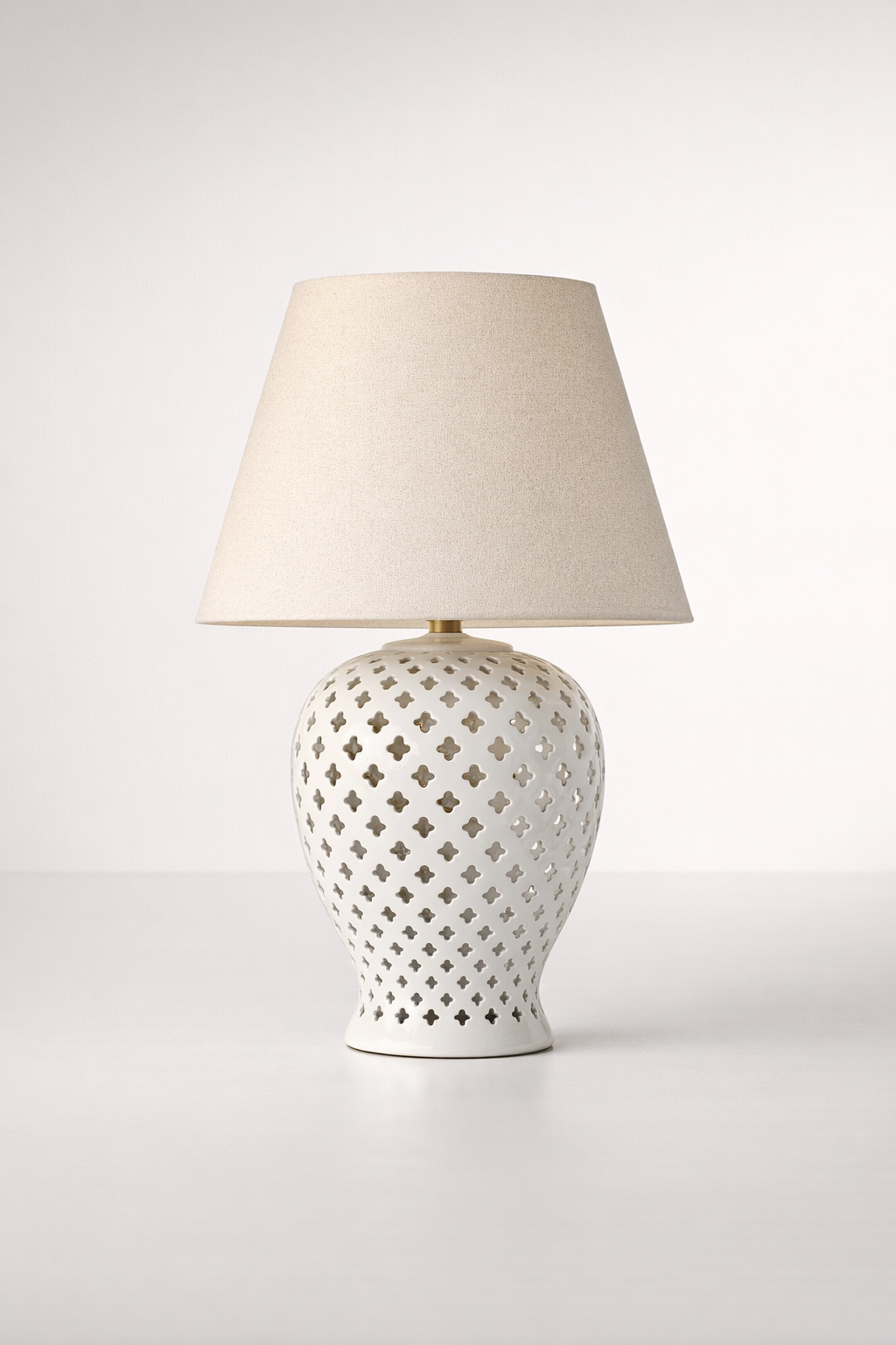 White Ceramic Cut-Out Lamp Base Beige Shade