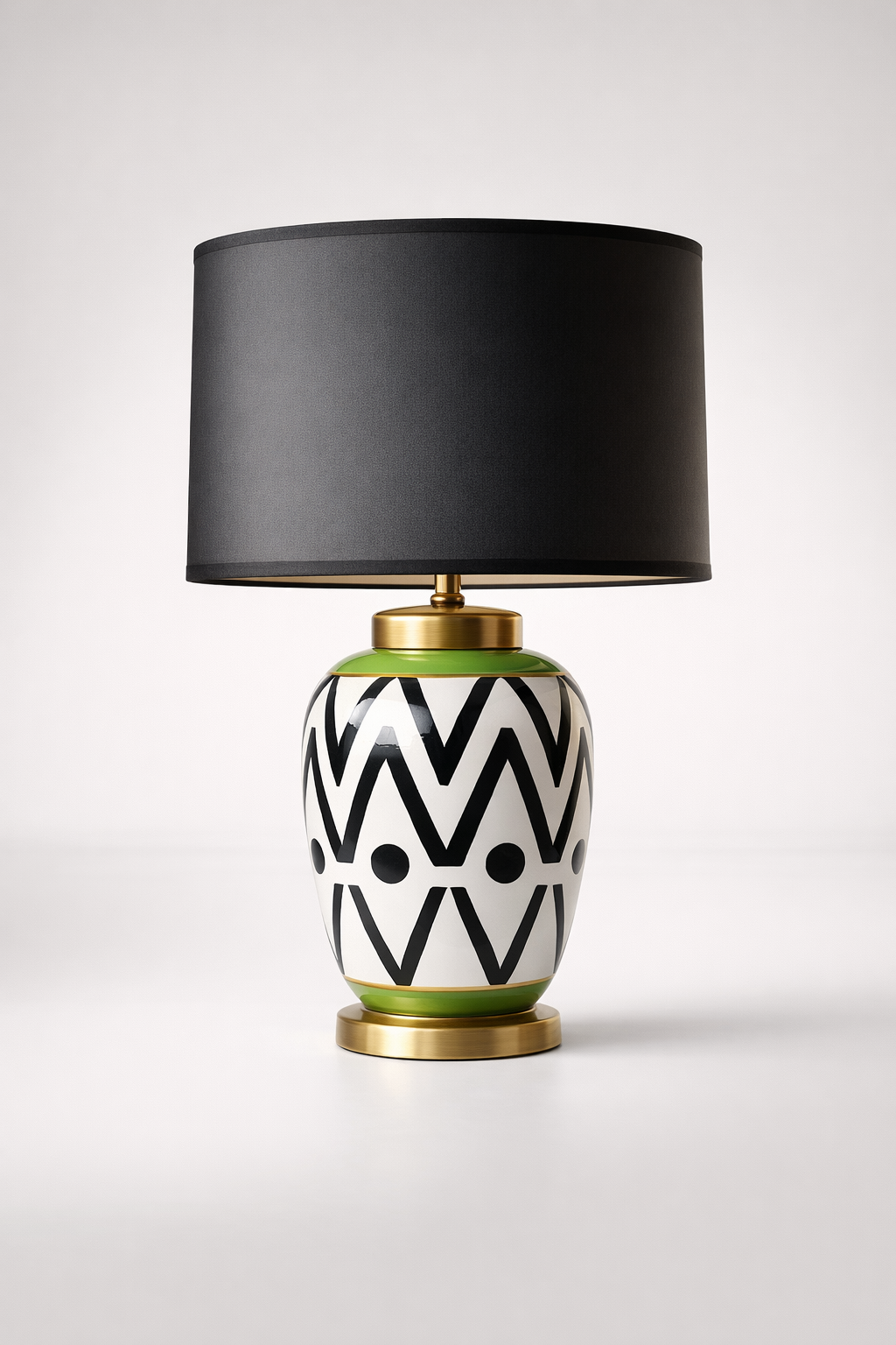 Black Green And White Detail Lamp Base With Black Shade