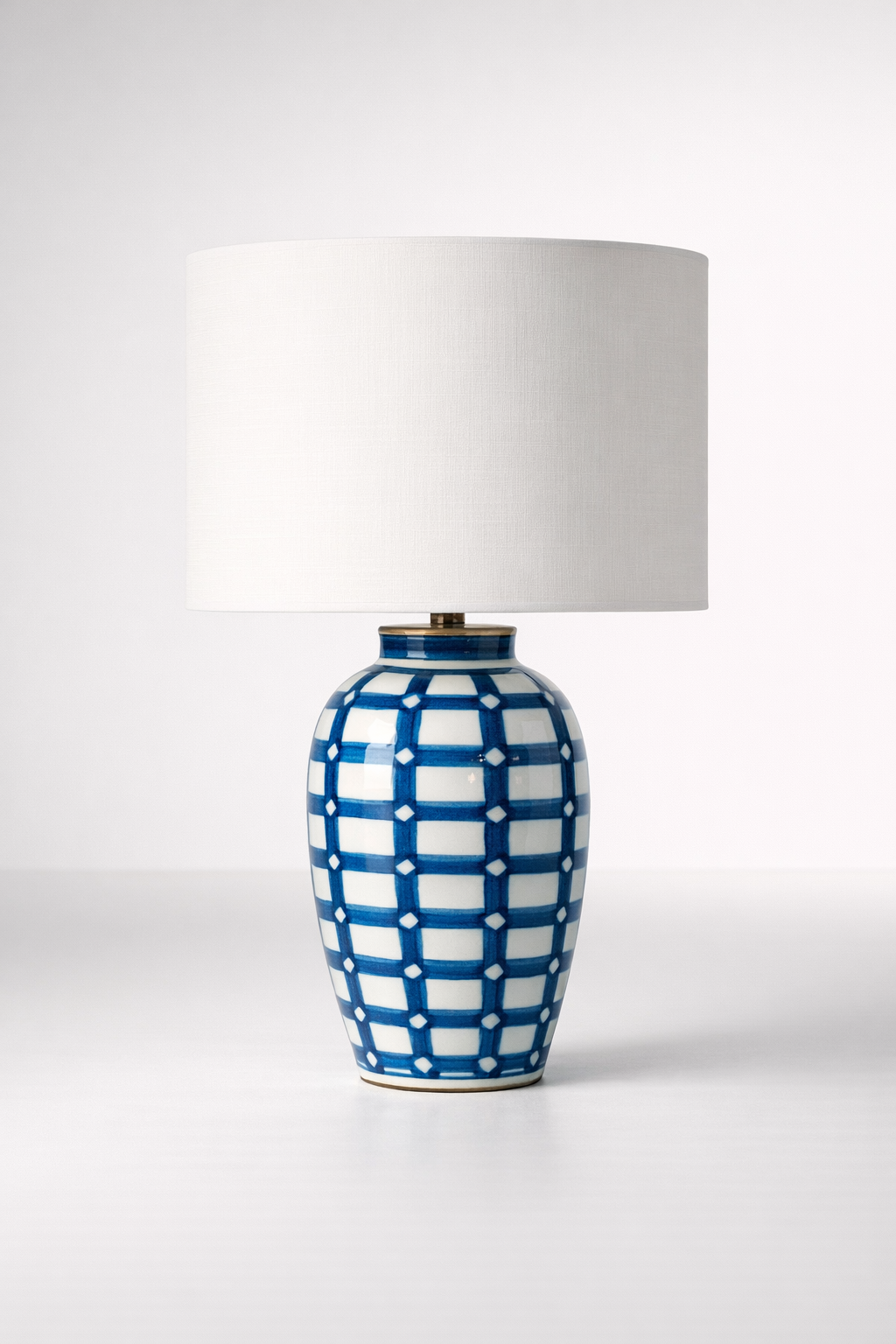 Blue & White Checked Lamp Base With Off White Shade