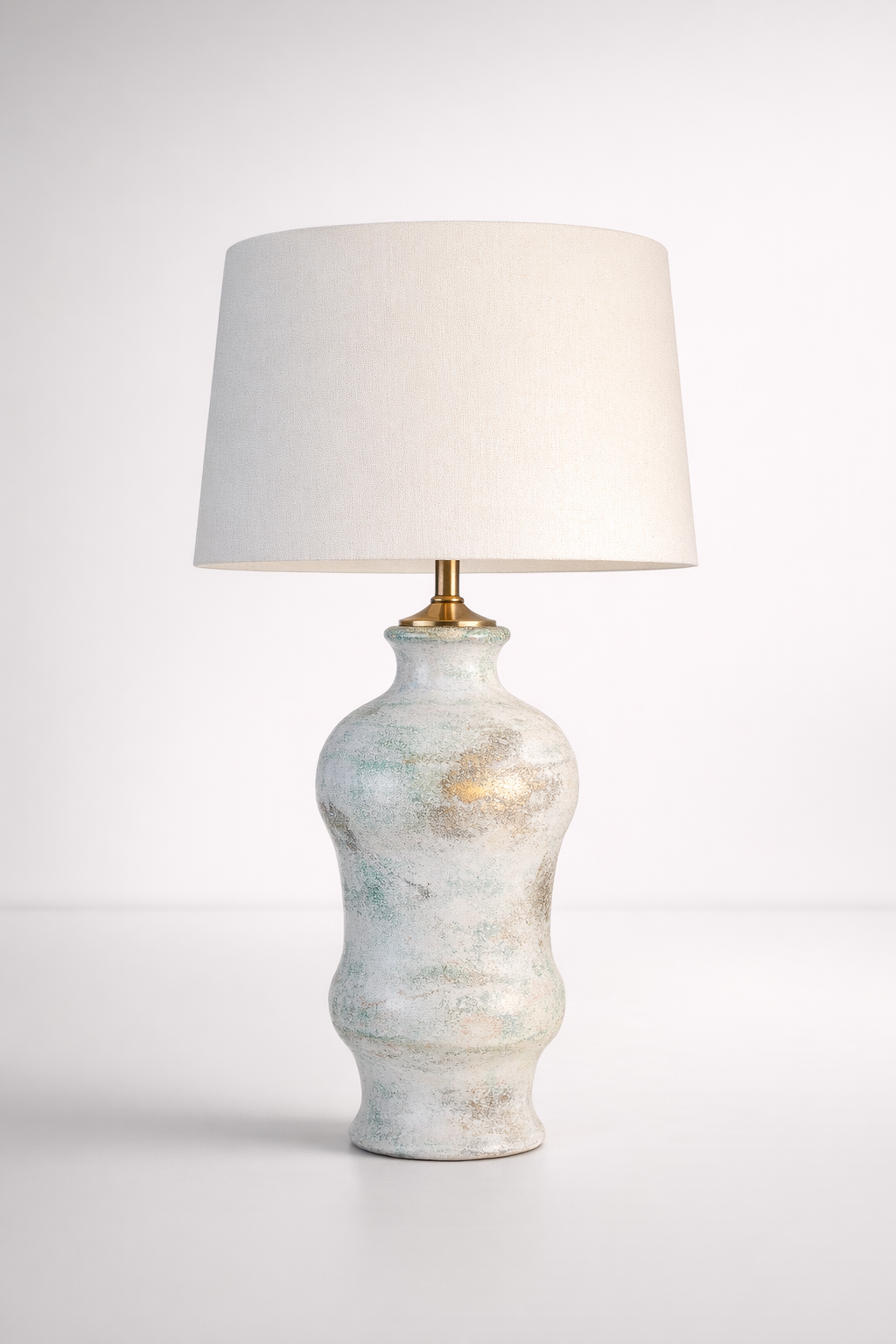 Tall Distressed Natural Lamp Base With Off White Shade