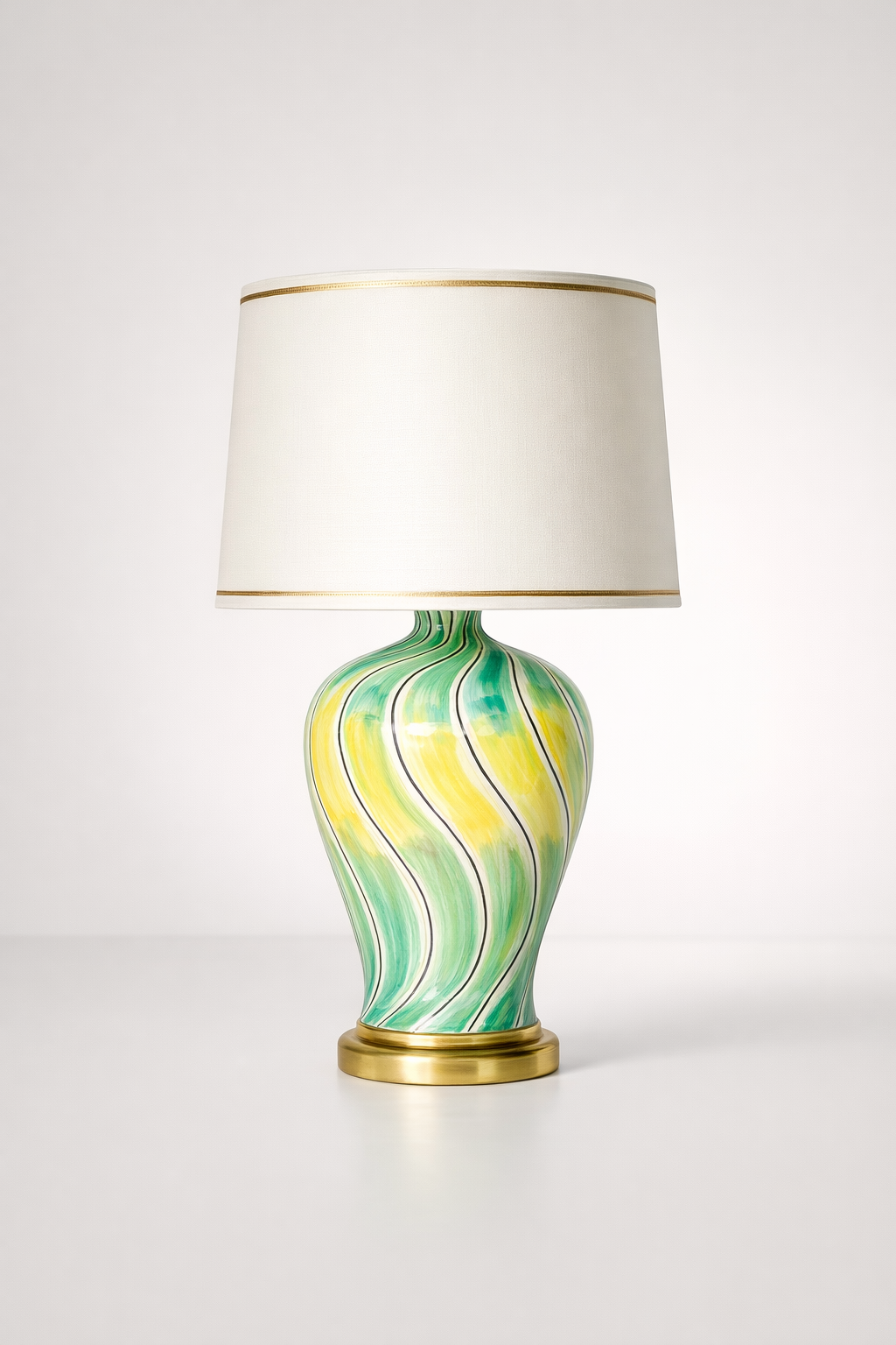 Sea Green Yellow Swirl Lamp With Off White Shade