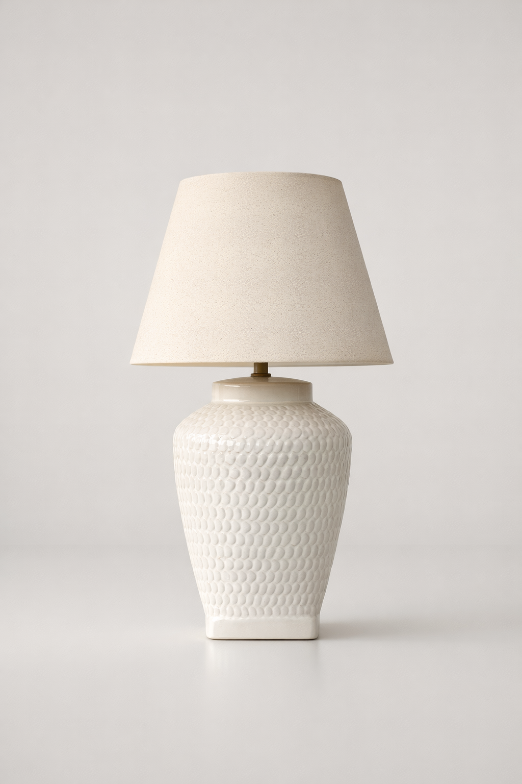 White Ceramic Basket Weave Lamp Base With Beige Shade