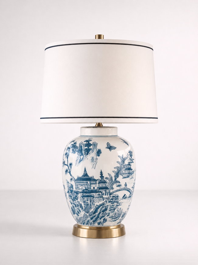 Blue & White Chinese Lamp Base With Blue Trim Shade