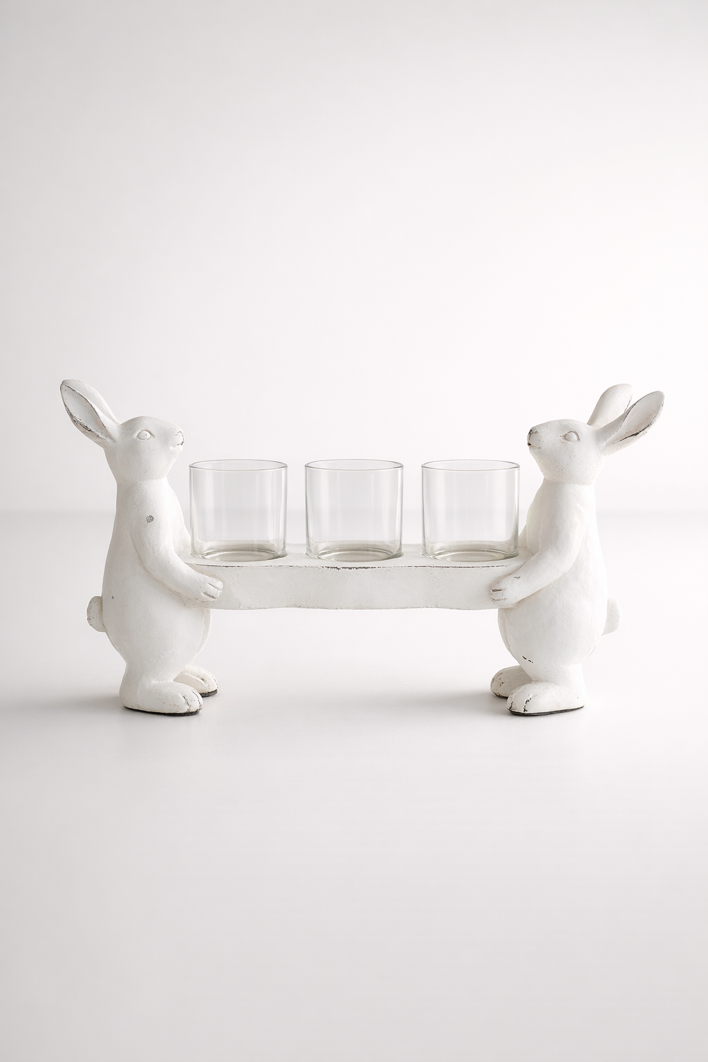 2 White Bunnies 3 Glass Tea Light Holder