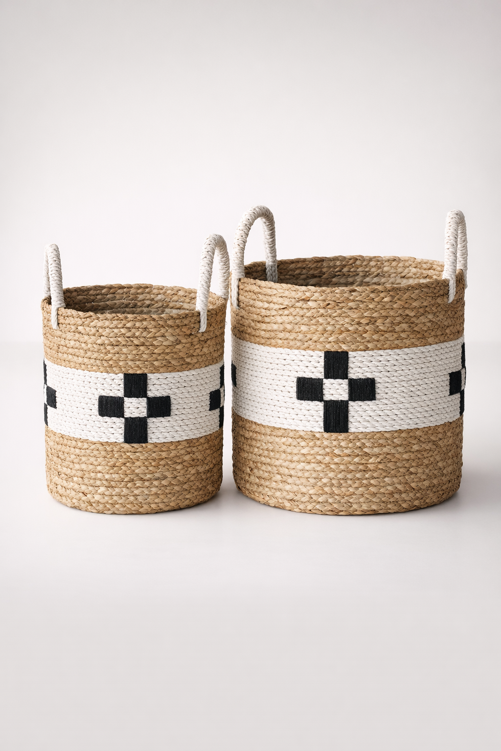 Set Of 2 Natural, Black & White Check Baskets