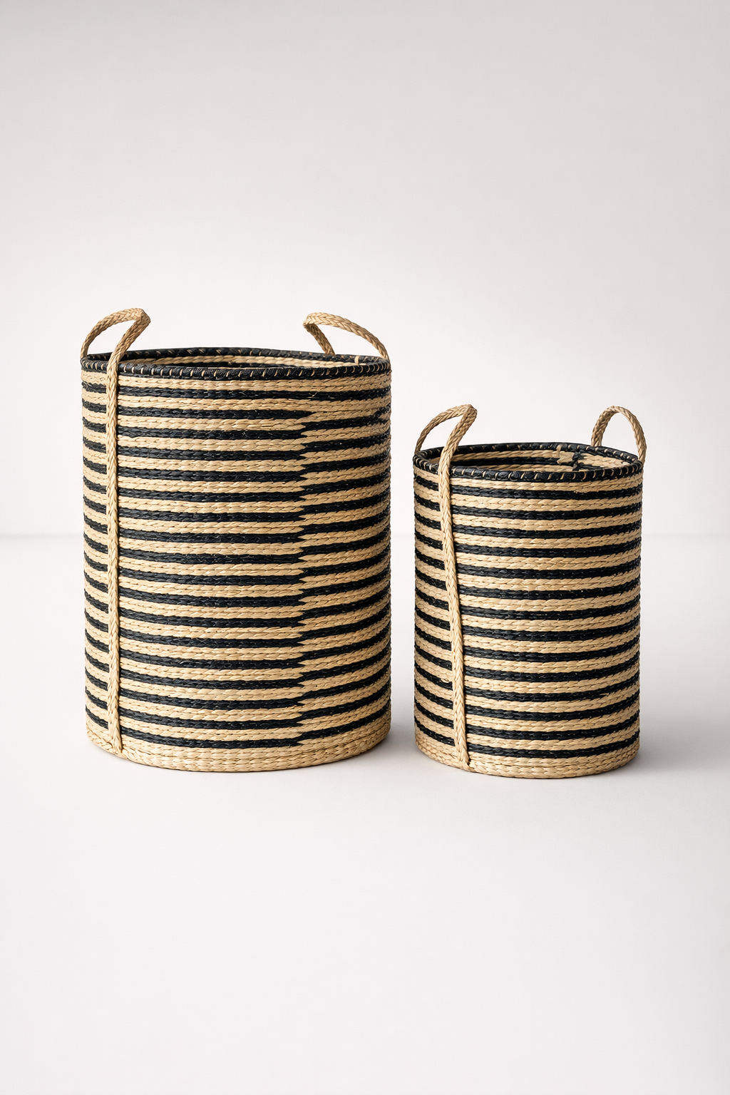 Set Of 2 Tall Black & Natural Seagrass Baskets